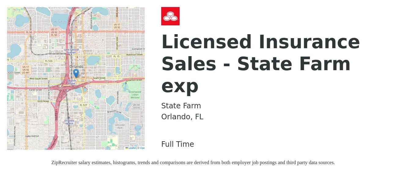 State Farm job posting for a Licensed Insurance Sales - State Farm exp in Orlando, FL with a salary of $46,200 to $67,500 Yearly with a map of Orlando location.