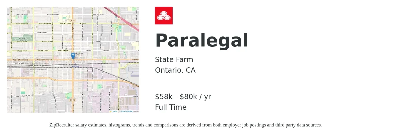 State Farm job posting for a Paralegal in Ontario, CA with a salary of $58,183 to $80,000 Yearly with a map of Ontario location.