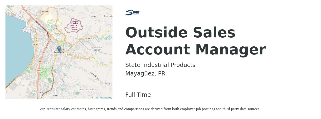 State Industrial Products job posting for a Outside Sales Account Manager in Mayagüez, PR with a salary of $64,900 to $92,900 Yearly with a map of Mayagüez location.