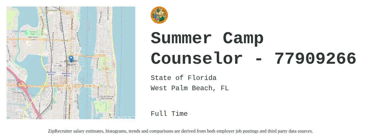 MyFlorida job posting for a Summer Camp Counselor - 77909266 in West Palm Beach, FL with a salary of $600 Weekly with a map of West Palm Beach location.