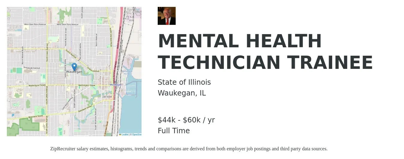 State of Illinois job posting for a MENTAL HEALTH TECHNICIAN TRAINEE in Waukegan, IL with a salary of $44,400 to $60,492 Yearly with a map of Waukegan location.