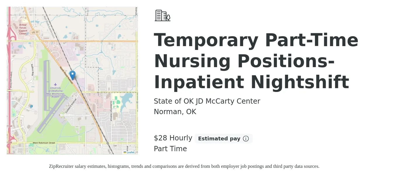 State of OK JD McCarty Center job posting for a Temporary Part-Time Nursing Positions- Inpatient Nightshift in Norman, OK with a salary of $30 Hourly with a map of Norman location.