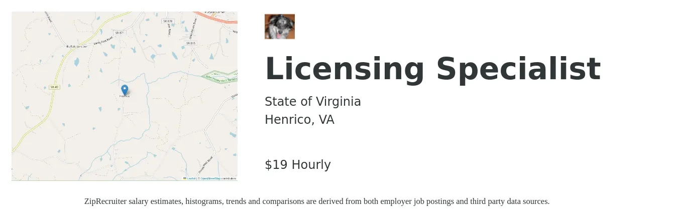 State of Virginia job posting for a Licensing Specialist in Henrico, VA with a salary of $20 Hourly with a map of Henrico location.