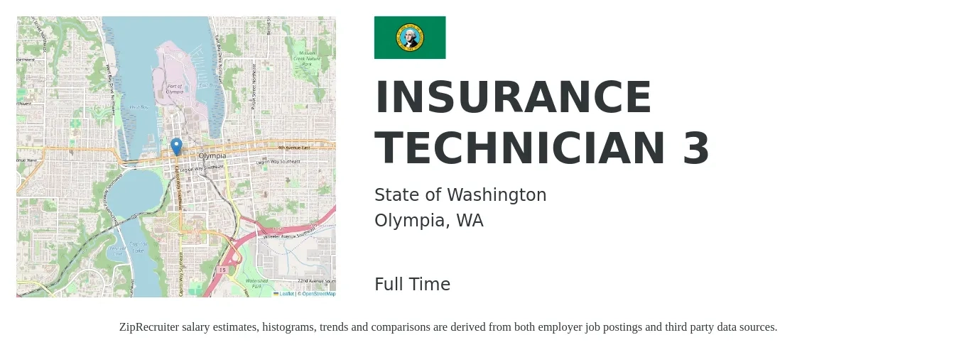 State of Washington job posting for a INSURANCE TECHNICIAN 3 in Olympia, WA with a salary of $3,145 to $4,174 Monthly with a map of Olympia location.