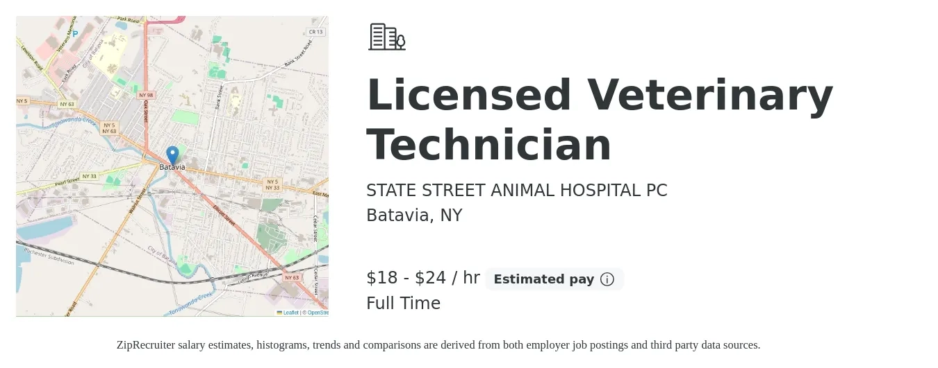 STATE STREET ANIMAL HOSPITAL PC job posting for a Licensed Veterinary Technician in Batavia, NY with a salary of $19 to $25 Hourly with a map of Batavia location.