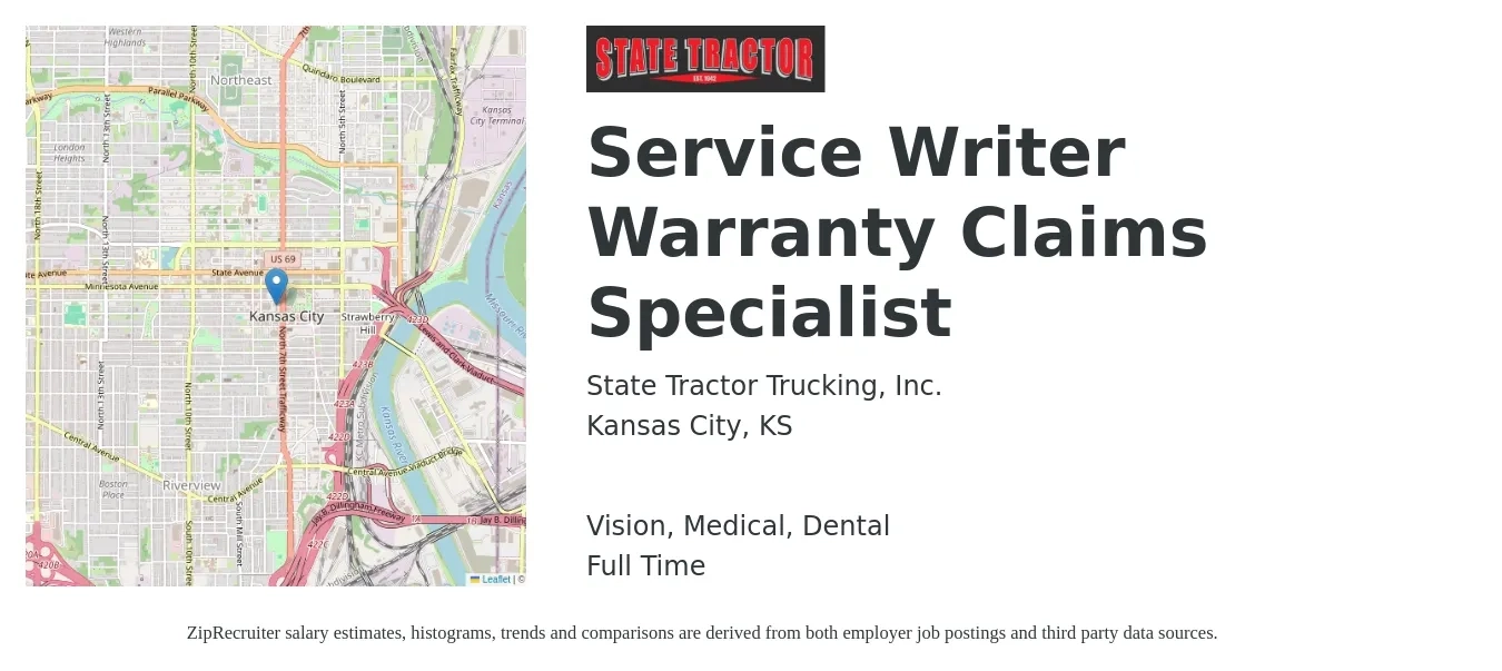 State Tractor Trucking, Inc. job posting for a Service Writer Warranty Claims Specialist in Kansas City, KS with a salary of $18 to $28 Hourly and benefits including life_insurance, medical, pto, retirement, vision, and dental with a map of Kansas City location.