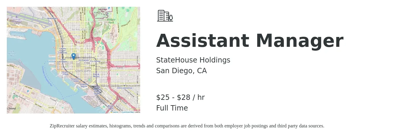 StateHouse Holdings job posting for a Assistant Manager in San Diego, CA with a salary of $26 to $30 Hourly with a map of San Diego location.