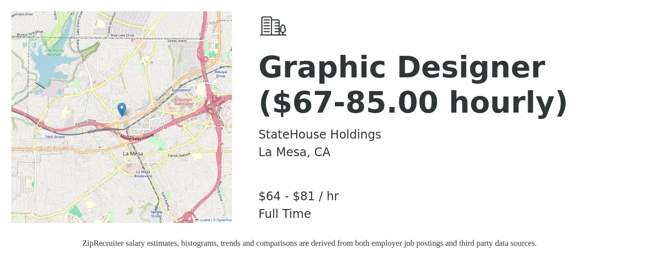 StateHouse Holdings job posting for a Graphic Designer ($67-85.00 hourly) in La Mesa, CA with a salary of $67 to $85 Hourly with a map of La Mesa location.