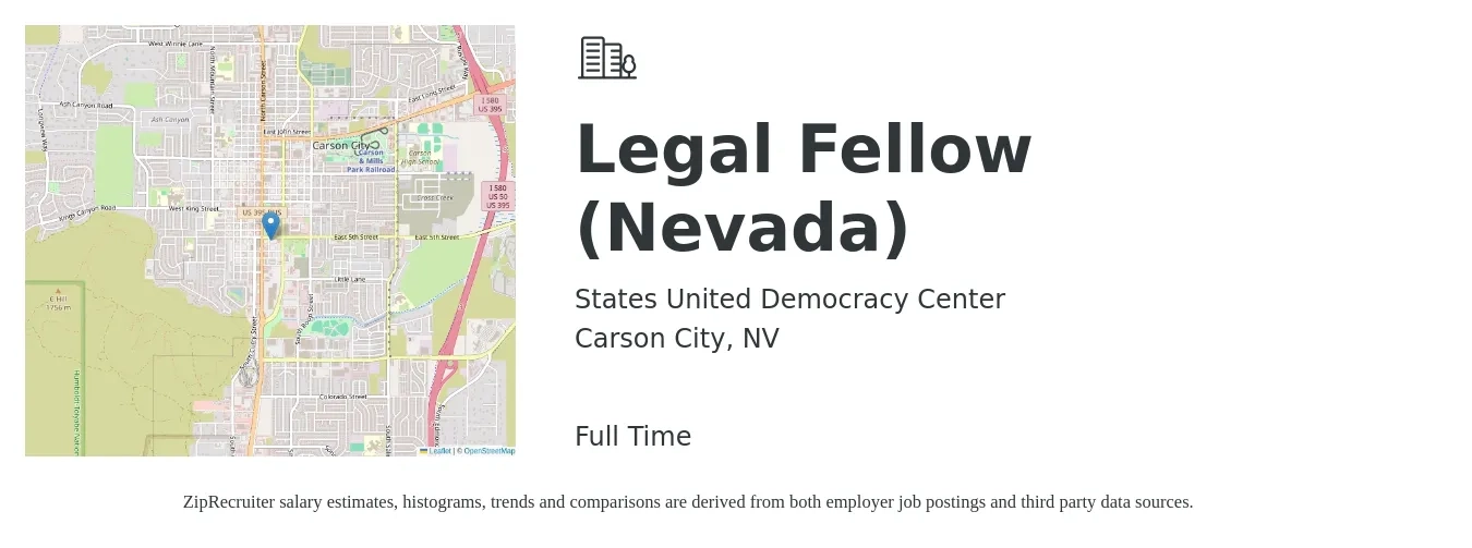 States United Democracy Center job posting for a Legal Fellow (Nevada) in Carson City, NV with a salary of $92,000 Yearly with a map of Carson City location.