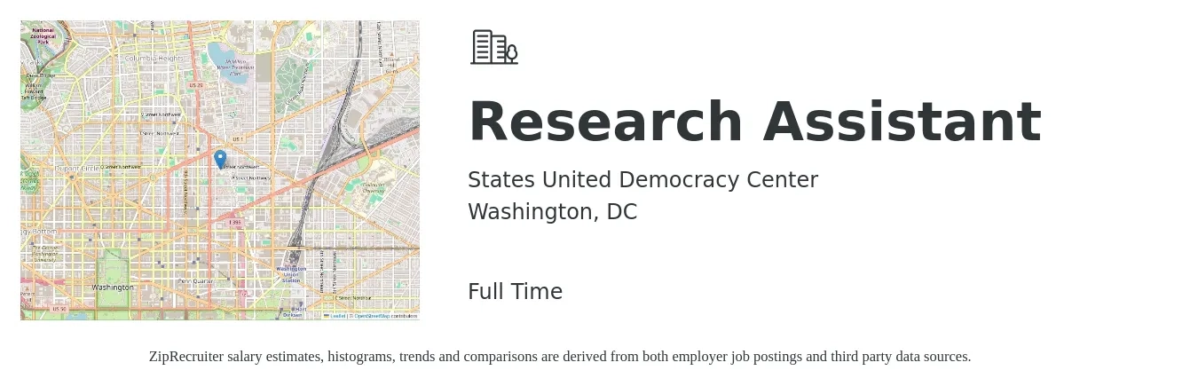 States United Democracy Center job posting for a Research Assistant in Washington, DC with a salary of $60,000 Yearly with a map of Washington location.