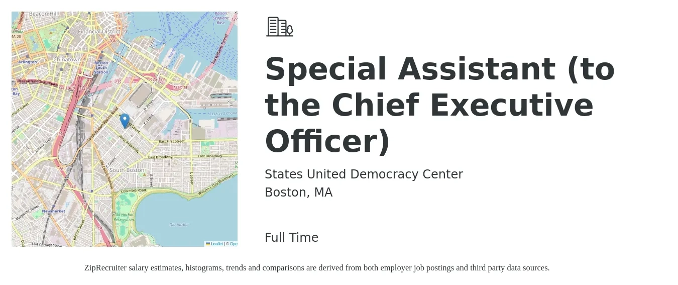 States United Democracy Center job posting for a Special Assistant (to the Chief Executive Officer) in Boston, MA with a salary of $63,000 to $70,000 Yearly with a map of Boston location.