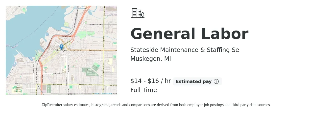 Stateside Maintenance & Staffing Se job posting for a General Labor in Muskegon, MI with a salary of $15 to $17 Hourly with a map of Muskegon location.