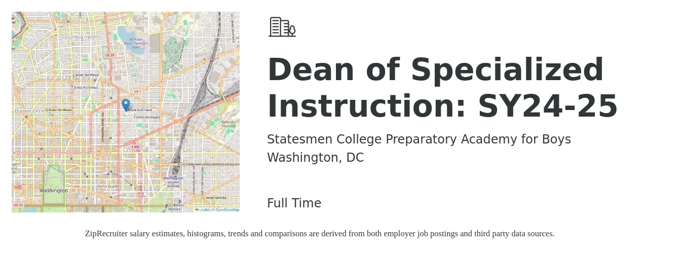 Statesmen College Preparatory Academy for Boys job posting for a Dean of Specialized Instruction: SY24-25 in Washington, DC with a salary of $70,200 to $122,300 Yearly with a map of Washington location.
