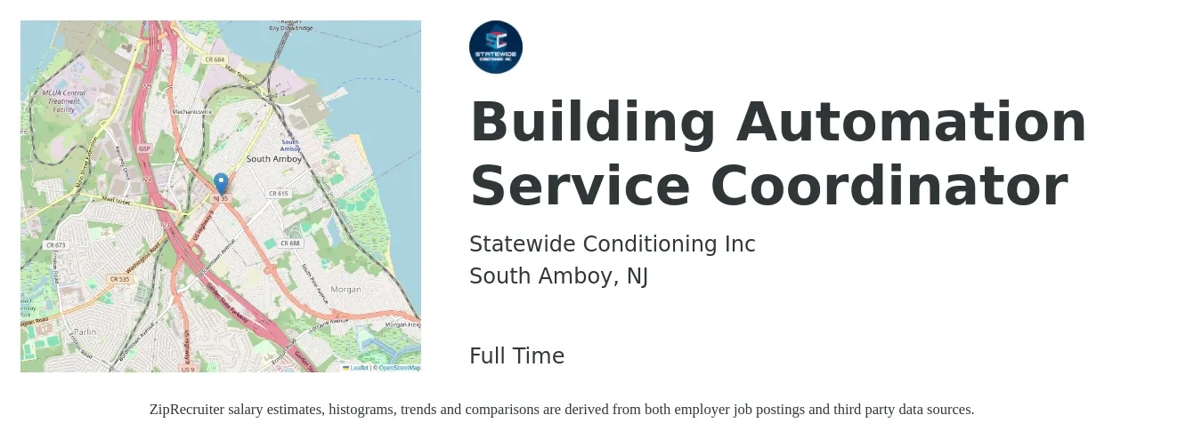 Statewide Conditioning Inc job posting for a Building Automation Service Coordinator in South Amboy, NJ with a salary of $55,000 to $75,000 Yearly with a map of South Amboy location.