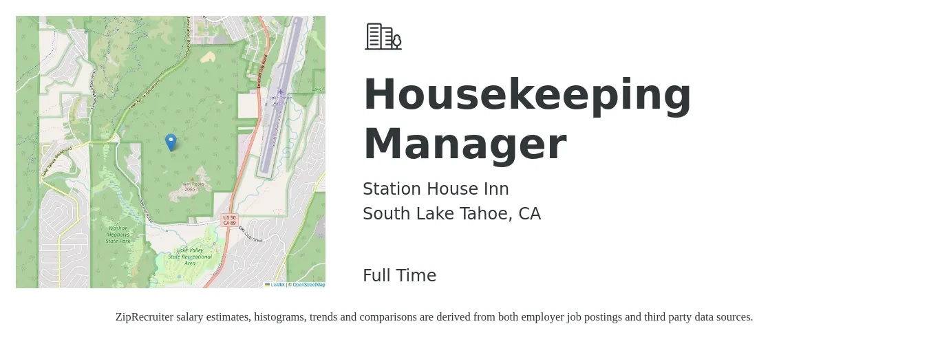 Station House Inn job posting for a Housekeeping Manager in South Lake Tahoe, CA with a salary of $25 to $28 Hourly with a map of South Lake Tahoe location.