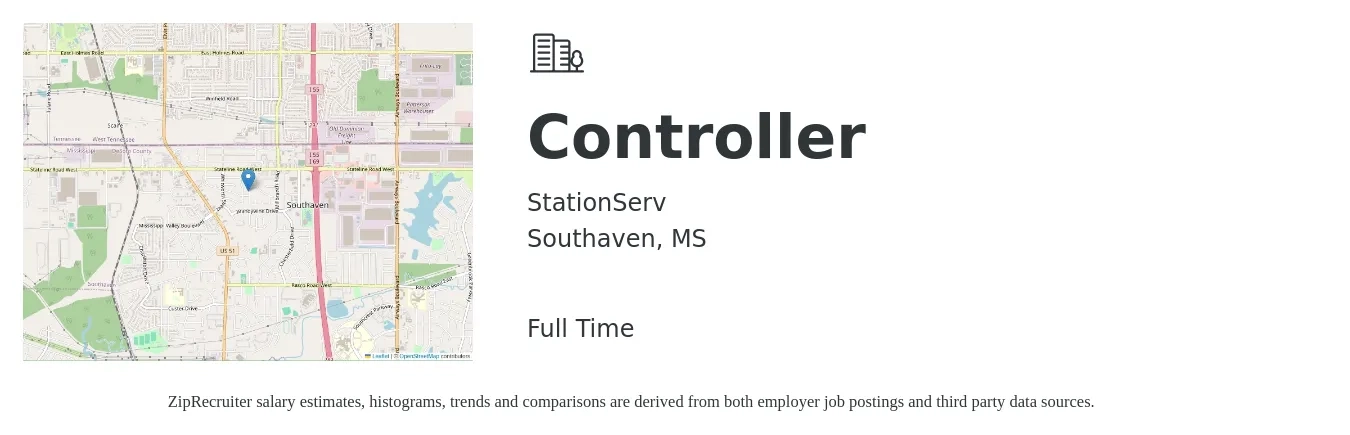 StationServ job posting for a Controller in Southaven, MS with a salary of $88,600 to $126,500 Yearly with a map of Southaven location.
