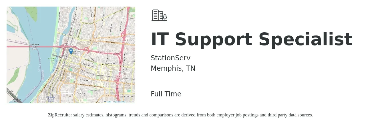 StationServ job posting for a IT Support Specialist in Memphis, TN with a salary of $40,500 to $81,900 Yearly with a map of Memphis location.