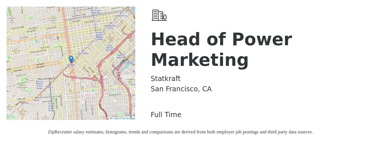 Statkraft job posting for a Head of Power Marketing in San Francisco, CA with a salary of $84,200 to $154,900 Yearly with a map of San Francisco location.