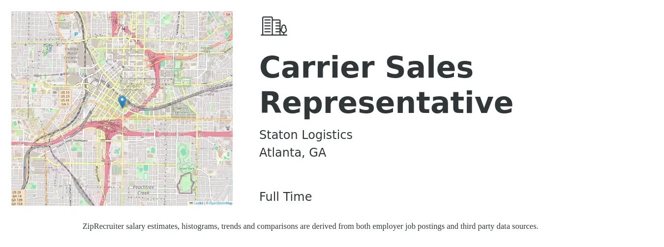 Staton Logistics job posting for a Carrier Sales Representative in Atlanta, GA with a salary of $52,500 to $91,200 Yearly with a map of Atlanta location.