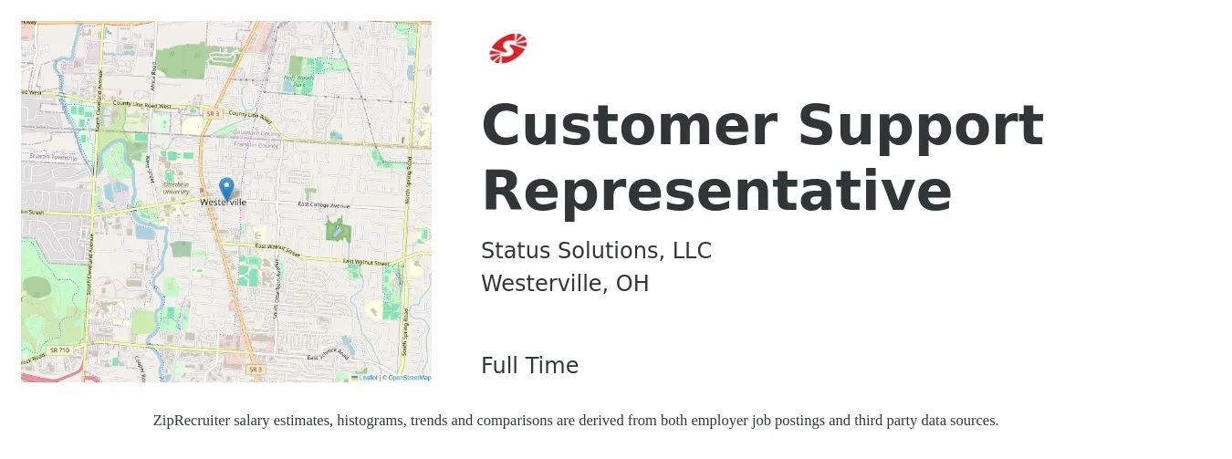 Status Solutions, LLC job posting for a Customer Support Representative in Westerville, OH with a salary of $37,000 to $49,000 Yearly with a map of Westerville location.