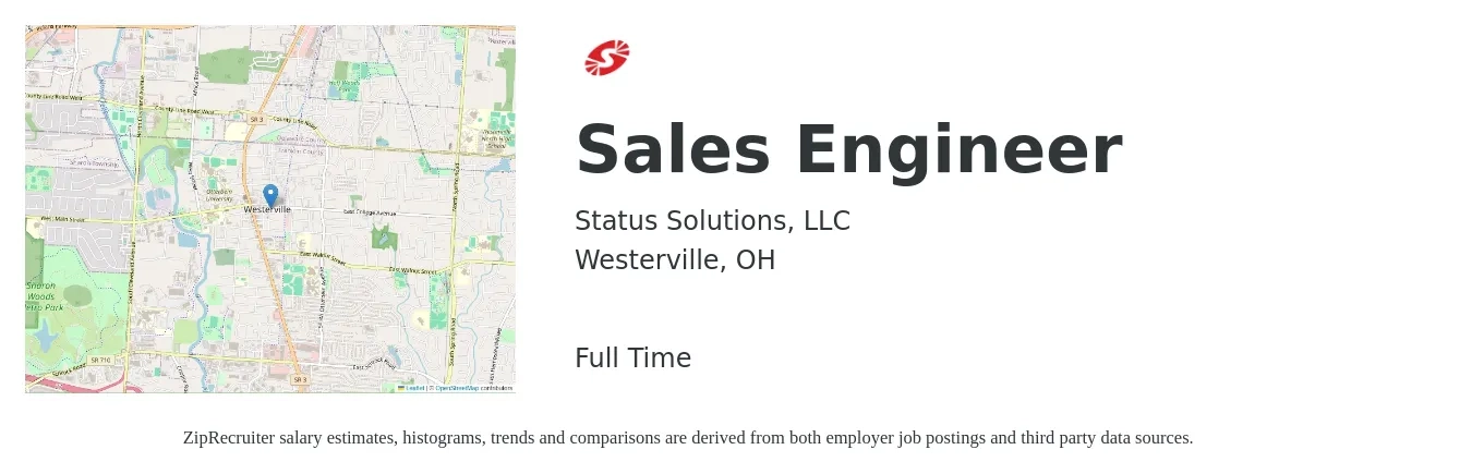 Status Solutions, LLC job posting for a Sales Engineer in Westerville, OH with a salary of $72,700 to $109,100 Yearly with a map of Westerville location.