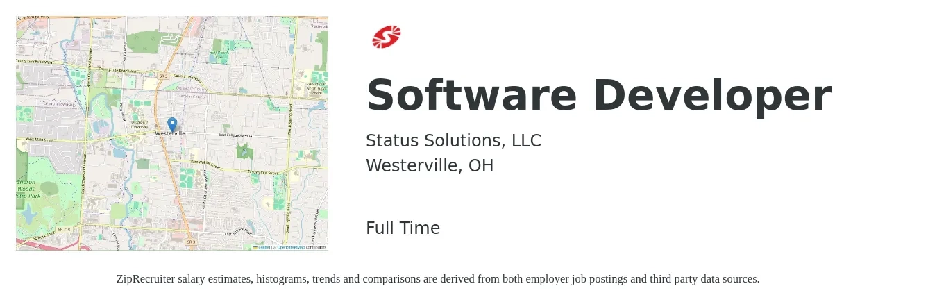 Status Solutions, LLC job posting for a Software Developer in Westerville, OH with a salary of $86,700 to $125,300 Yearly with a map of Westerville location.