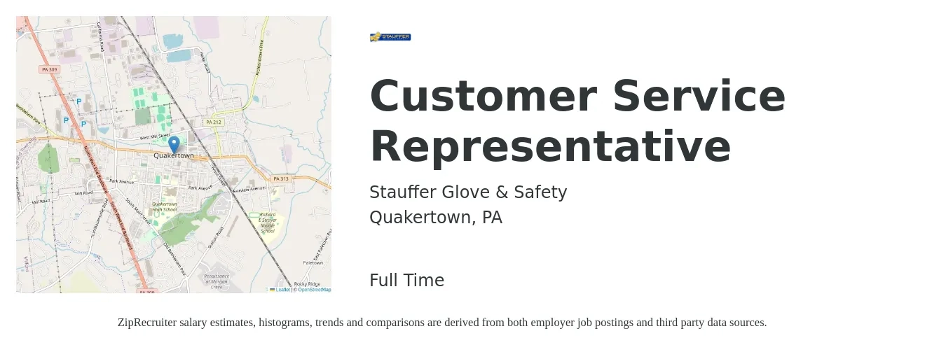 Stauffer Glove & Safety job posting for a Customer Service Representative in Quakertown, PA with a salary of $16 to $21 Hourly with a map of Quakertown location.