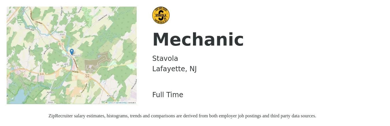Stavola job posting for a Mechanic in Lafayette, NJ with a salary of $21 to $31 Hourly with a map of Lafayette location.