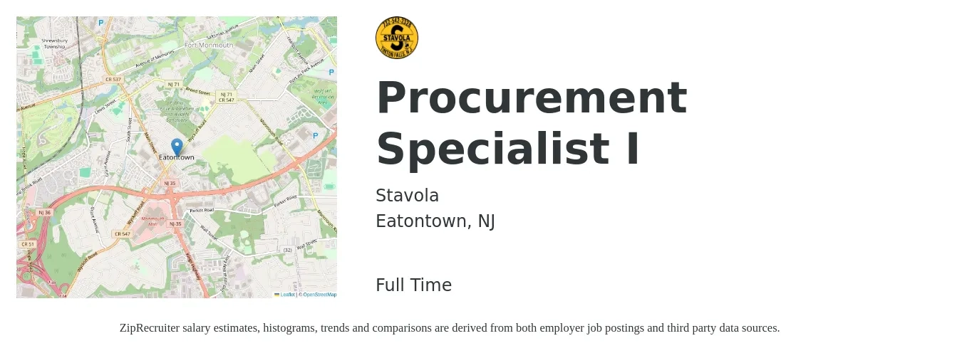 Stavola job posting for a Procurement Specialist I in Eatontown, NJ with a salary of $25 to $38 Hourly with a map of Eatontown location.