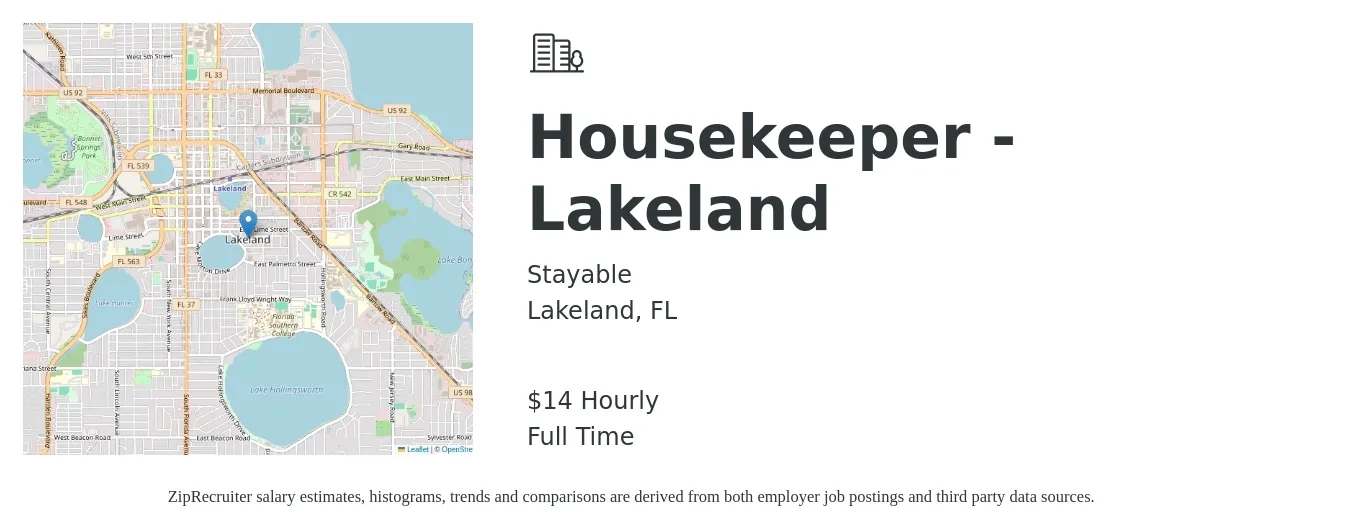 Stayable job posting for a Housekeeper - Lakeland in Lakeland, FL with a salary of $15 Hourly with a map of Lakeland location.