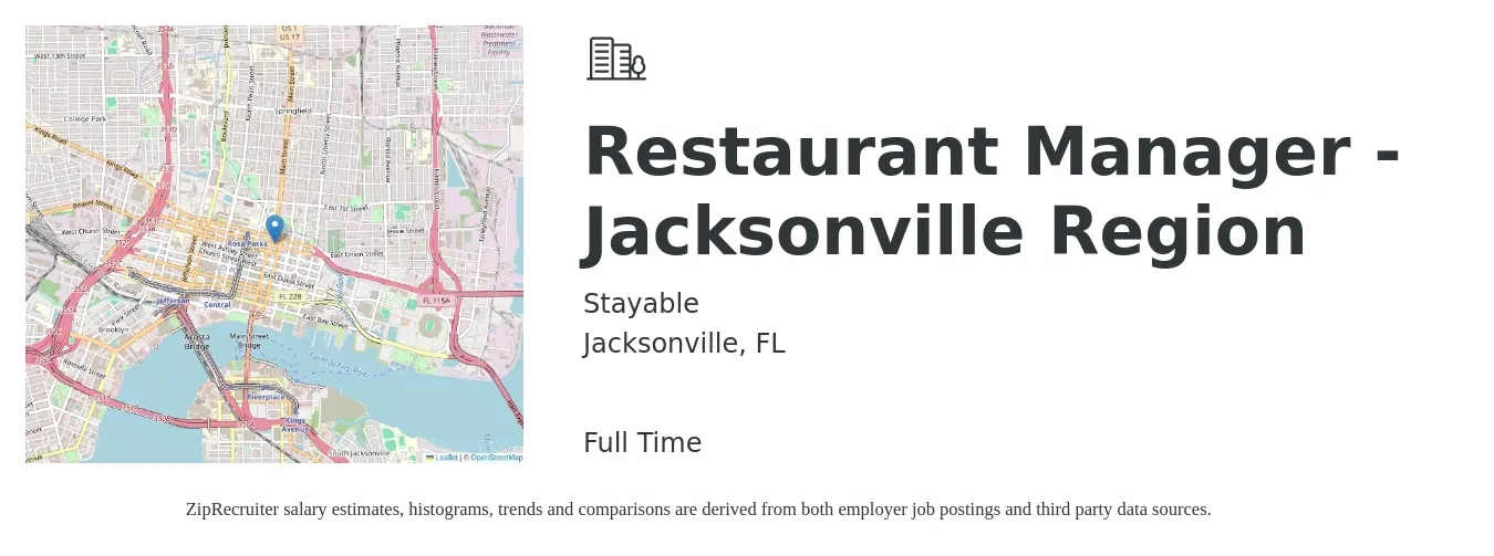 Stayable job posting for a Restaurant Manager - Jacksonville Region in Jacksonville, FL with a salary of $60,000 Yearly with a map of Jacksonville location.
