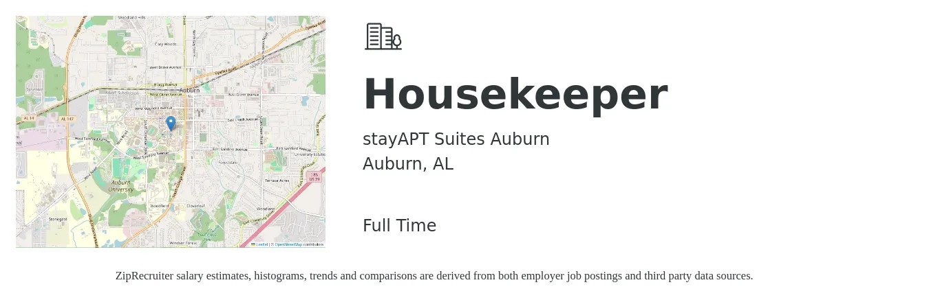 stayAPT Suites Auburn job posting for a Housekeeper in Auburn, AL with a salary of $12 to $14 Hourly with a map of Auburn location.