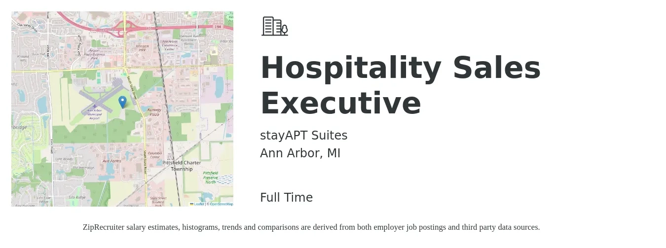 stayAPT Suites job posting for a Hospitality Sales Executive in Ann Arbor, MI with a salary of $55,800 to $95,900 Yearly with a map of Ann Arbor location.