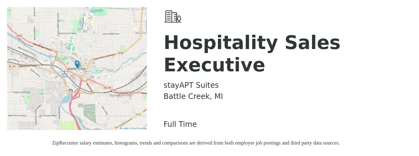 stayAPT Suites job posting for a Hospitality Sales Executive in Battle Creek, MI with a salary of $53,800 to $92,400 Yearly with a map of Battle Creek location.
