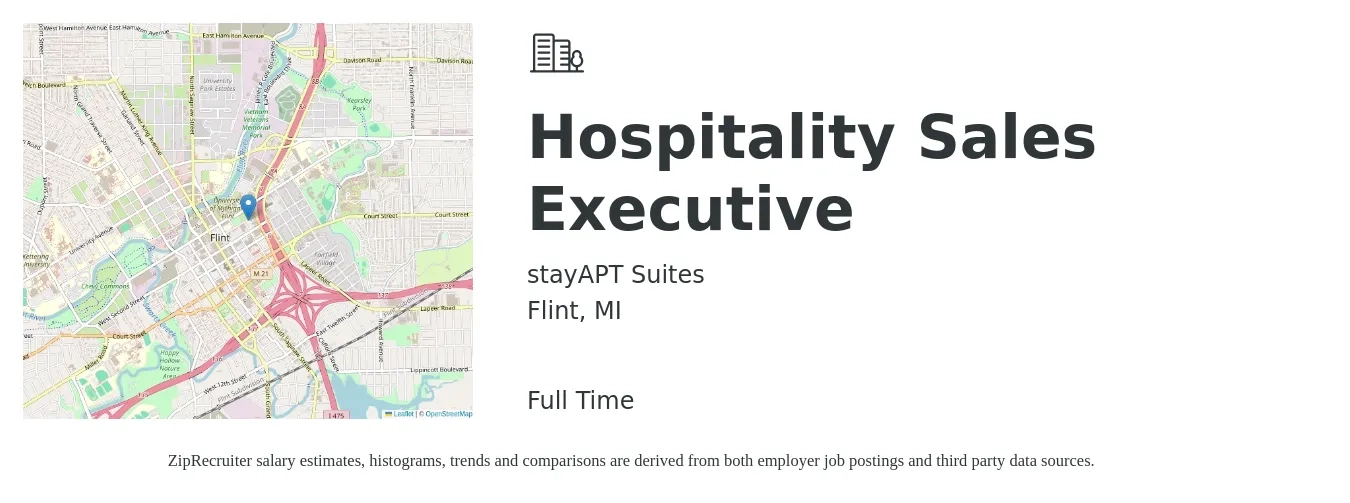stayAPT Suites job posting for a Hospitality Sales Executive in Flint, MI with a salary of $55,400 to $95,300 Yearly with a map of Flint location.