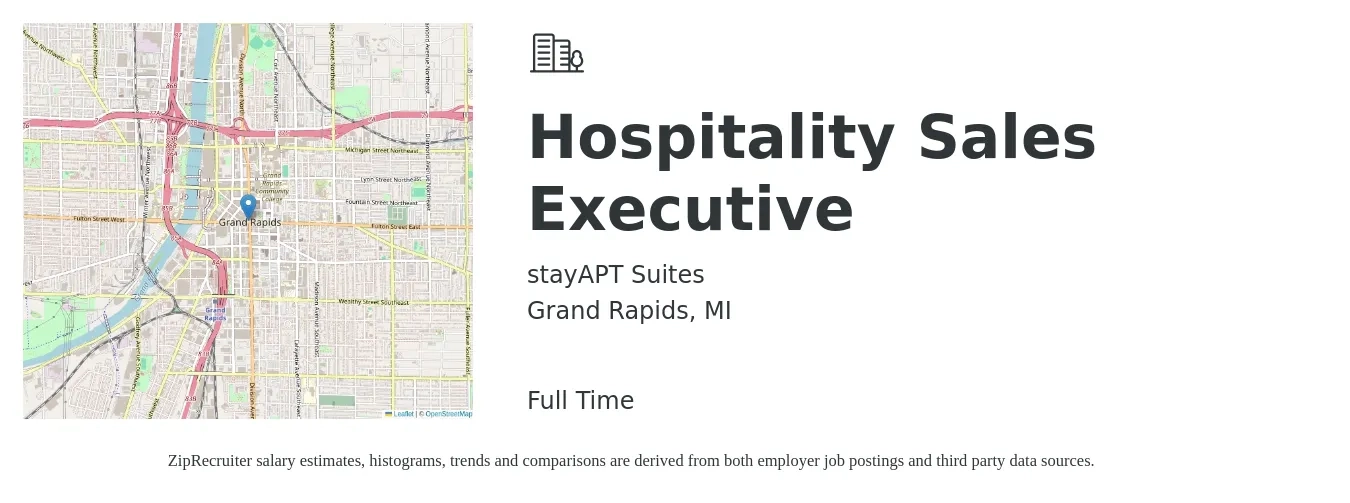 stayAPT Suites job posting for a Hospitality Sales Executive in Grand Rapids, MI with a salary of $54,700 to $94,100 Yearly with a map of Grand Rapids location.