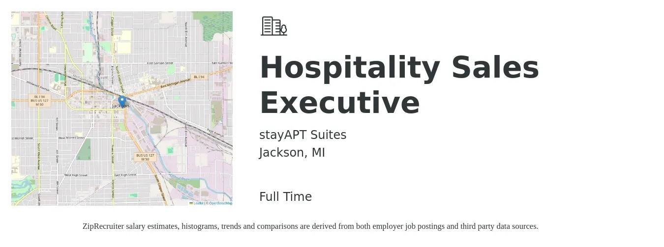 stayAPT Suites job posting for a Hospitality Sales Executive in Jackson, MI with a salary of $51,900 to $89,200 Yearly with a map of Jackson location.