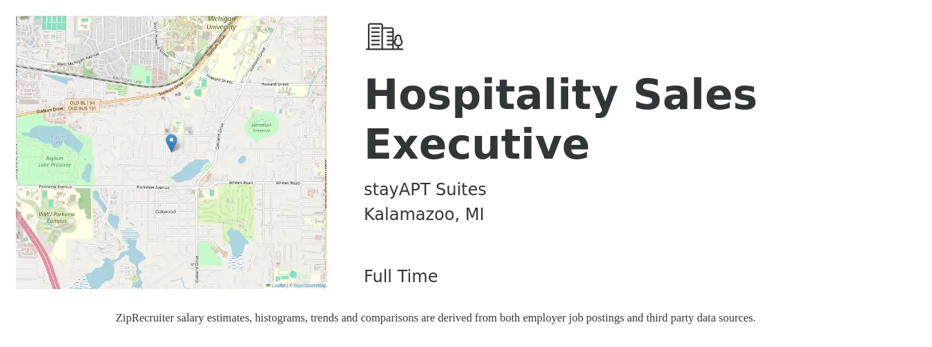 stayAPT Suites job posting for a Hospitality Sales Executive in Kalamazoo, MI with a salary of $53,800 to $92,500 Yearly with a map of Kalamazoo location.
