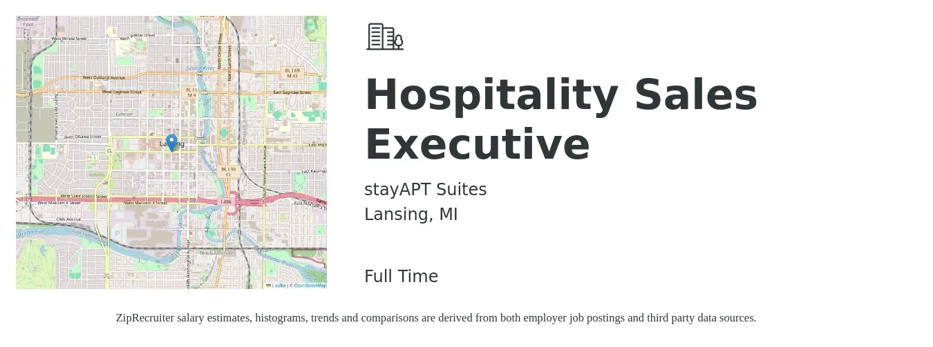 stayAPT Suites job posting for a Hospitality Sales Executive in Lansing, MI with a salary of $57,800 to $99,400 Yearly with a map of Lansing location.