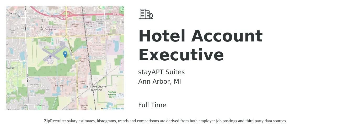 stayAPT Suites job posting for a Hotel Account Executive in Ann Arbor, MI with a salary of $52,300 to $82,200 Yearly with a map of Ann Arbor location.