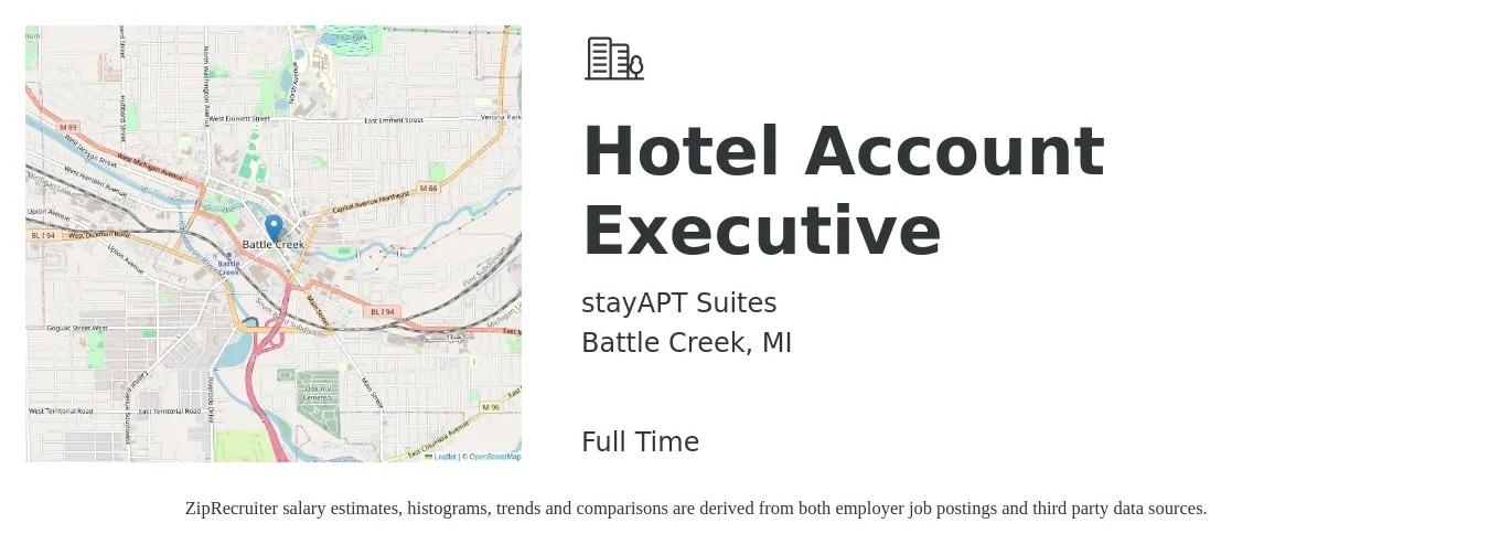 stayAPT Suites job posting for a Hotel Account Executive in Battle Creek, MI with a salary of $50,500 to $79,200 Yearly with a map of Battle Creek location.