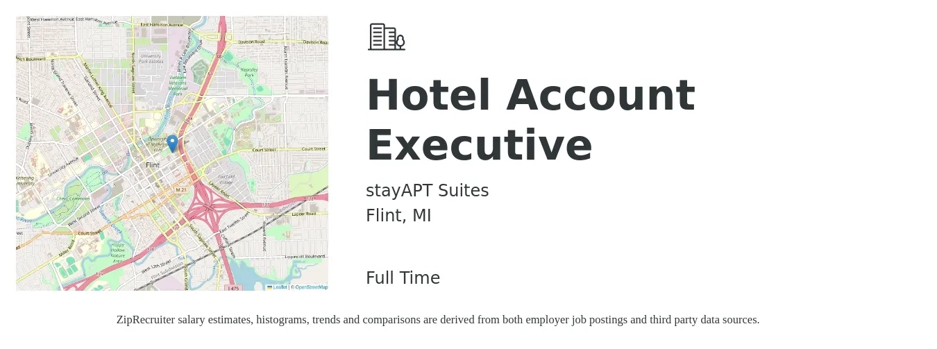 stayAPT Suites job posting for a Hotel Account Executive in Flint, MI with a salary of $52,000 to $81,700 Yearly with a map of Flint location.