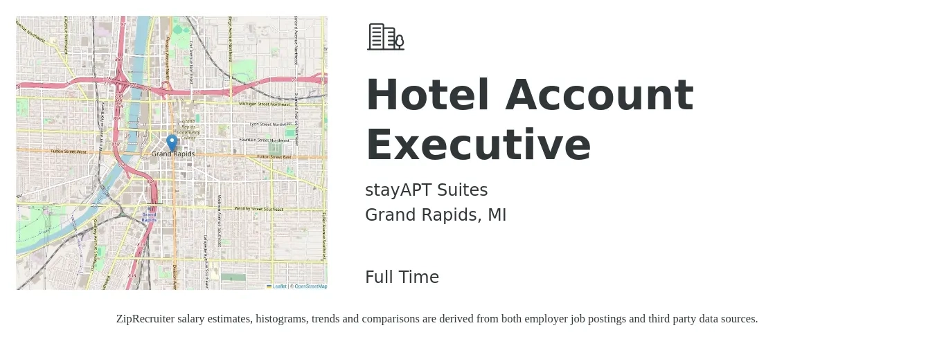stayAPT Suites job posting for a Hotel Account Executive in Grand Rapids, MI with a salary of $51,400 to $80,700 Yearly with a map of Grand Rapids location.