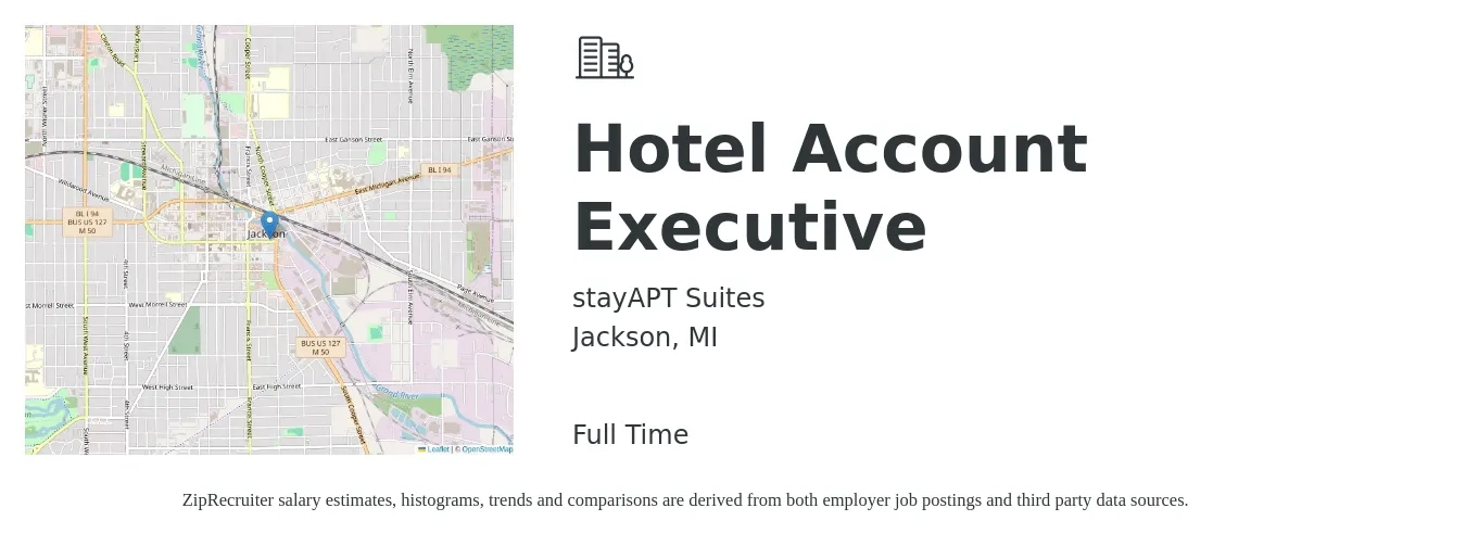 stayAPT Suites job posting for a Hotel Account Executive in Jackson, MI with a salary of $48,700 to $76,400 Yearly with a map of Jackson location.