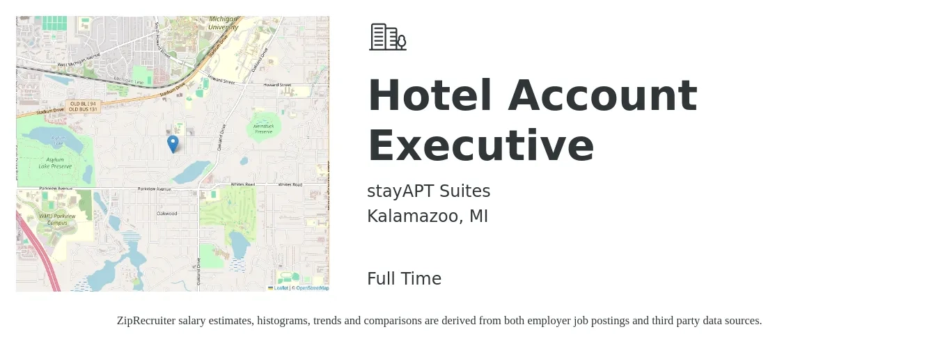 stayAPT Suites job posting for a Hotel Account Executive in Kalamazoo, MI with a salary of $50,500 to $79,200 Yearly with a map of Kalamazoo location.