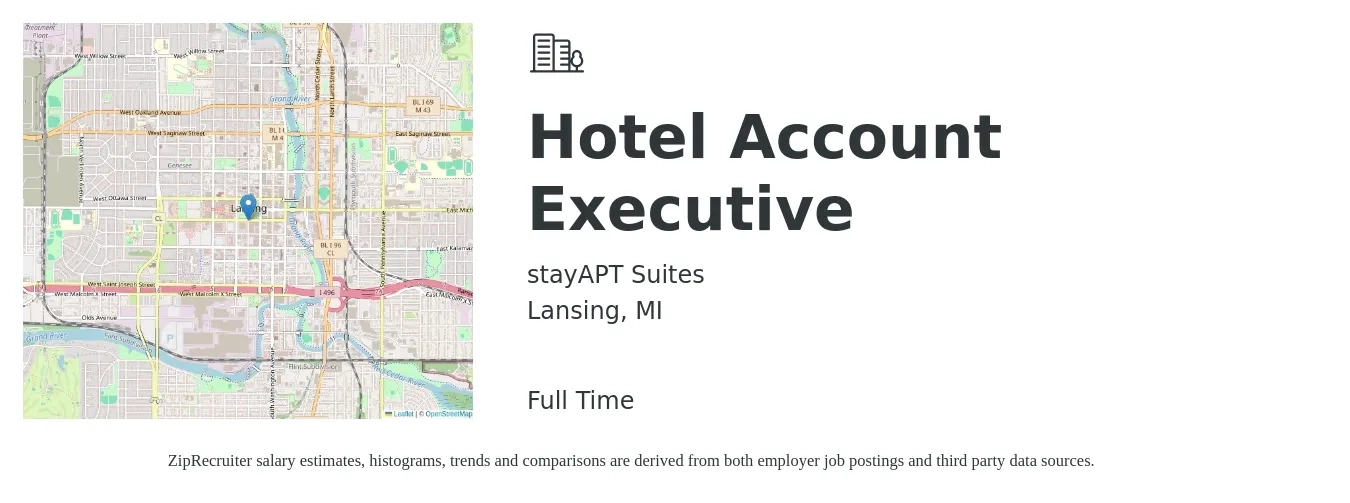 stayAPT Suites job posting for a Hotel Account Executive in Lansing, MI with a salary of $54,300 to $85,200 Yearly with a map of Lansing location.