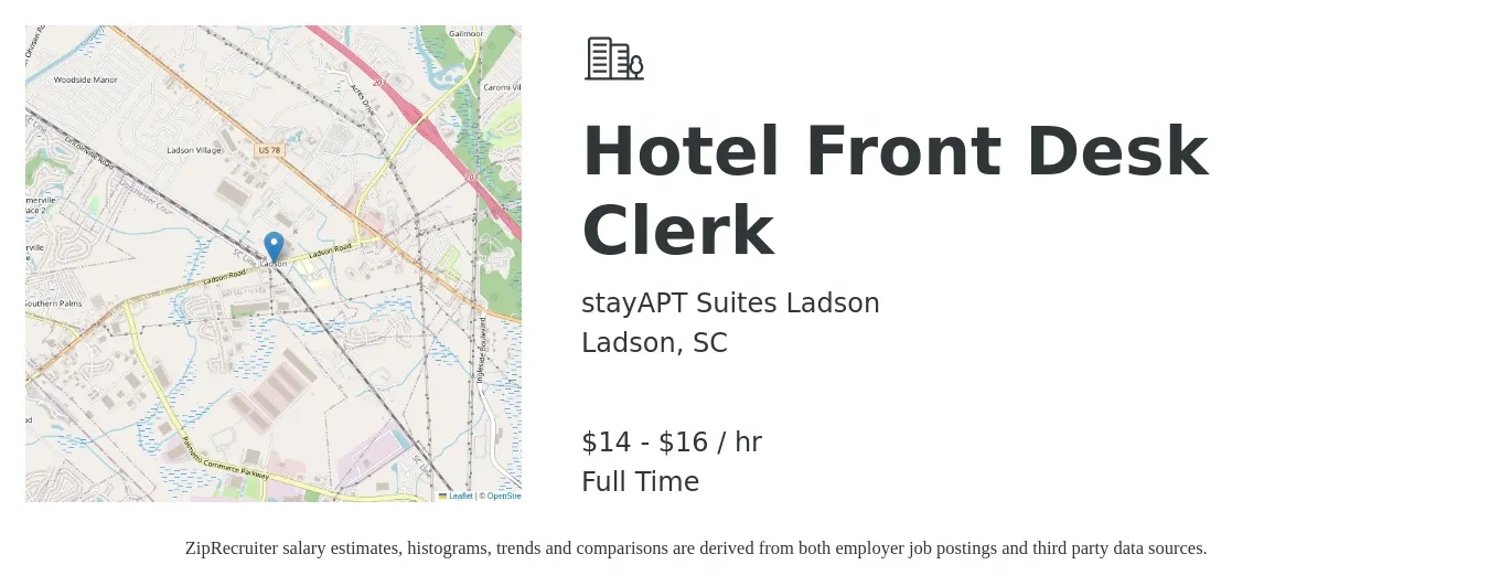 stayAPT Suites Ladson job posting for a Hotel Front Desk Clerk in Ladson, SC with a salary of $15 to $17 Hourly with a map of Ladson location.