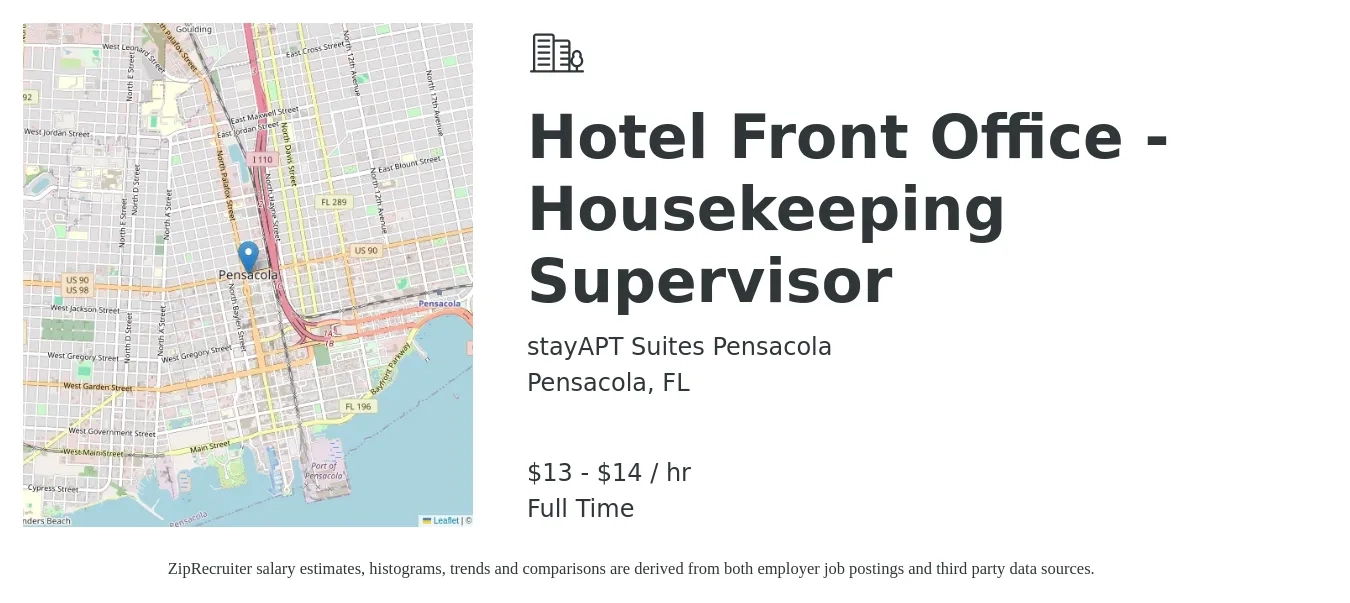 stayAPT Suites Pensacola job posting for a Hotel Front Office - Housekeeping Supervisor in Pensacola, FL with a salary of $14 to $15 Hourly with a map of Pensacola location.
