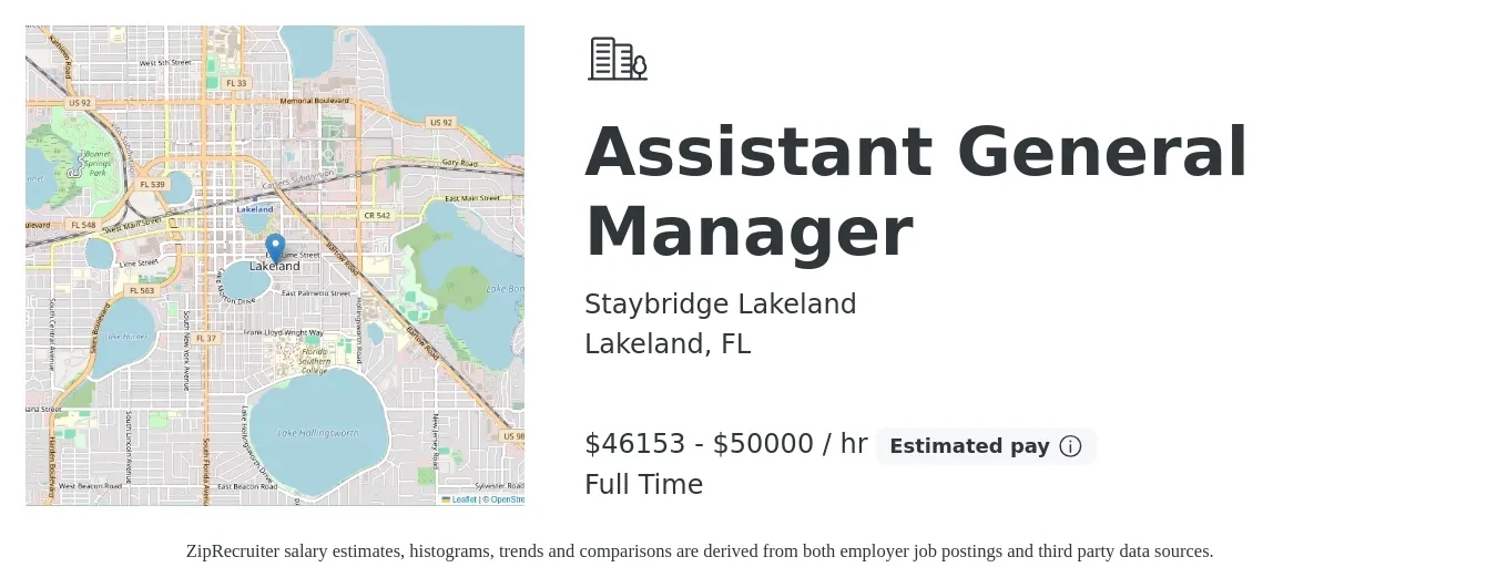 Staybridge Lakeland job posting for a Assistant General Manager in Lakeland, FL with a salary of $48,000 to $52,000 Hourly with a map of Lakeland location.