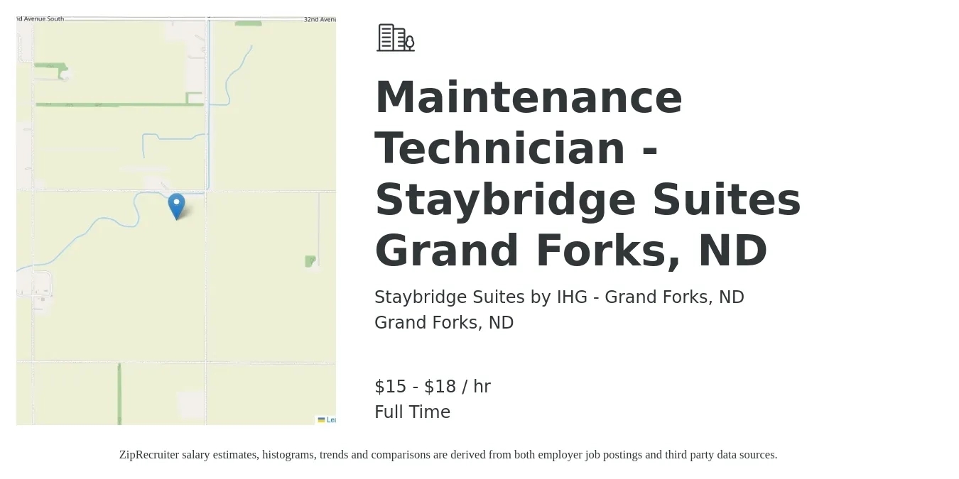 Staybridge Suites by IHG - Grand Forks, ND job posting for a Maintenance Technician - Staybridge Suites Grand Forks, ND in Grand Forks, ND with a salary of $16 to $19 Hourly with a map of Grand Forks location.